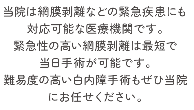 当院は網膜剥離などの緊急疾患にも対応可能な医療機関です。緊急性の高い網膜剥離は最短で当日手術が可能です。難易度の高い白内障手術もぜひ当院にお任せください。